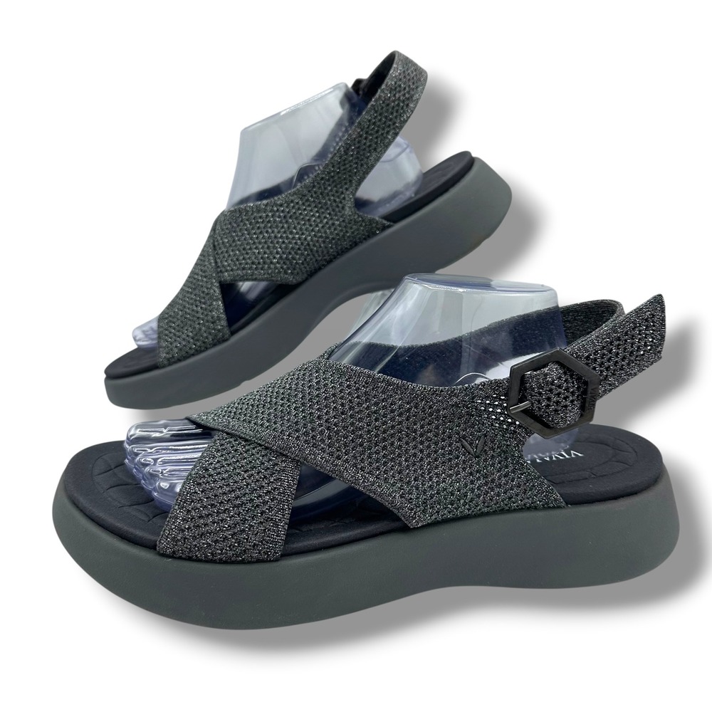 VIVAIA Women Dark Gray Sparkle Knit Slingback Platform Sandals Size 43 US 11-12